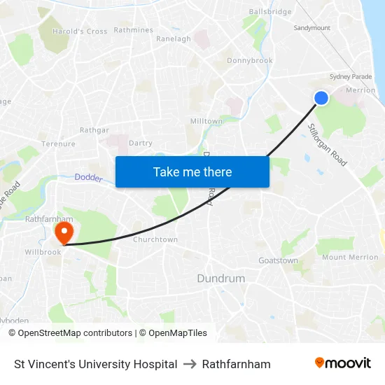 St Vincent's University Hospital to Rathfarnham map