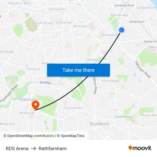 RDS Arena to Rathfarnham map