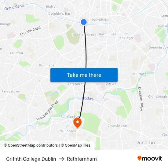 Griffith College Dublin to Rathfarnham map