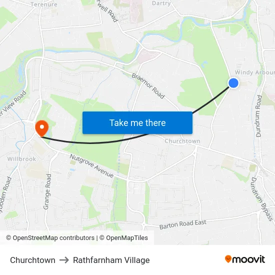 Churchtown to Rathfarnham Village map