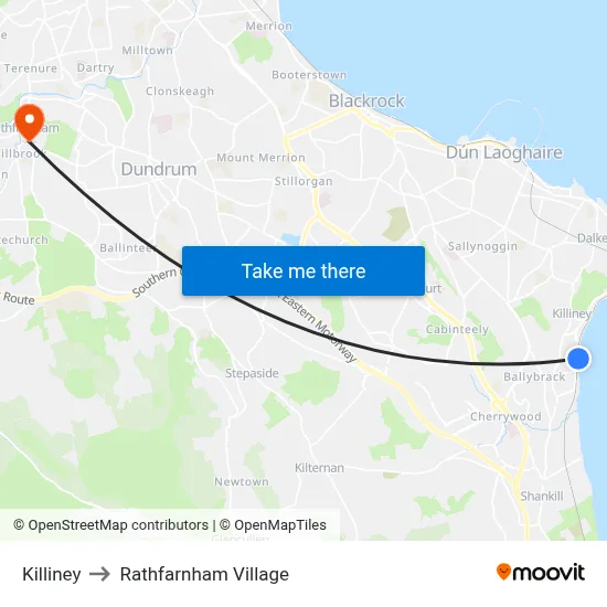 Killiney to Rathfarnham Village map