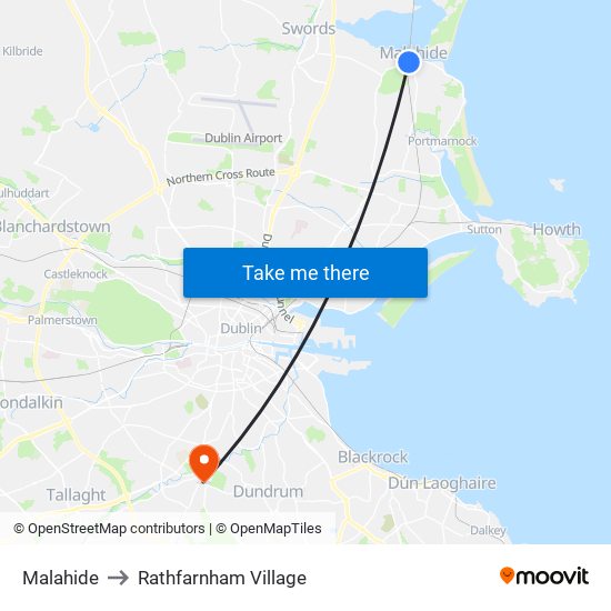 Malahide to Rathfarnham Village map