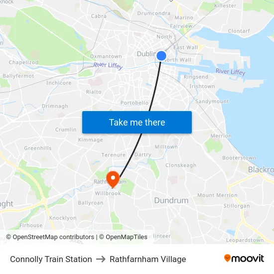Connolly Train Station to Rathfarnham Village map