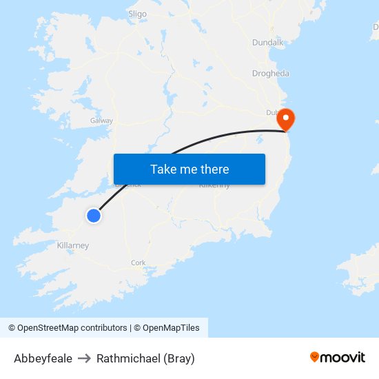 Abbeyfeale to Rathmichael (Bray) map