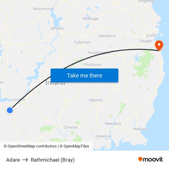 Adare to Rathmichael (Bray) map