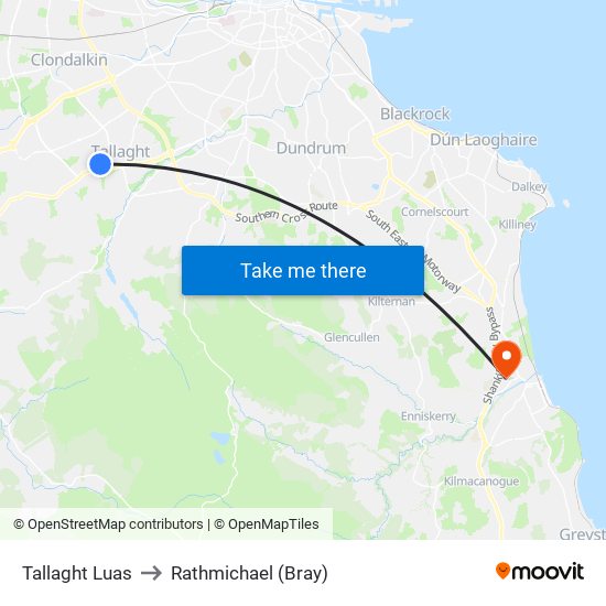 Tallaght Luas to Rathmichael (Bray) map