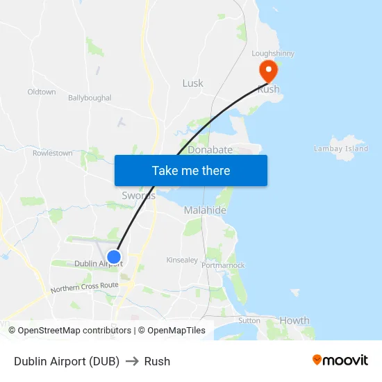 Dublin Airport (DUB) to Rush map