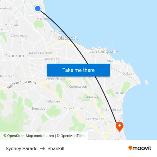 Sydney Parade to Shankill map