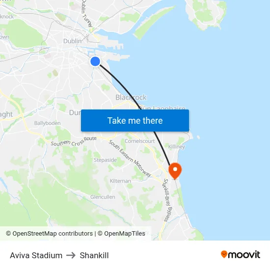 Aviva Stadium to Shankill map