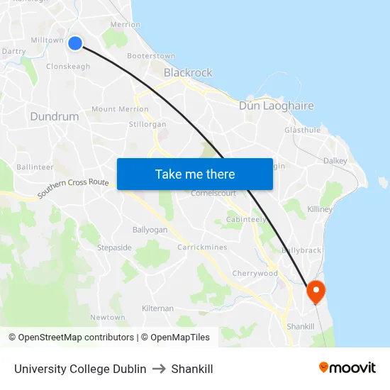 University College Dublin to Shankill map