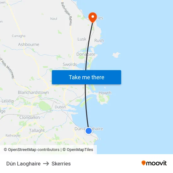 Dún Laoghaire to Skerries map