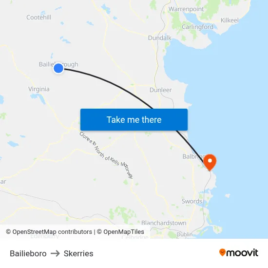 Bailieboro to Skerries map
