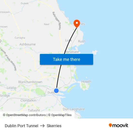 Dublin Port Tunnel to Skerries map