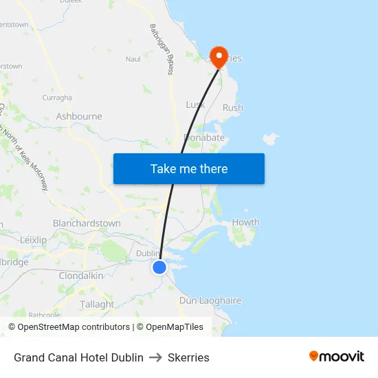 Grand Canal Hotel Dublin to Skerries map