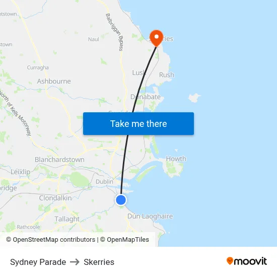 Sydney Parade to Skerries map