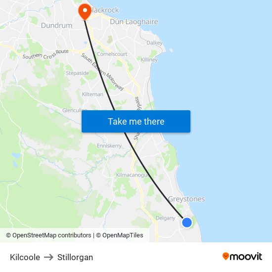 Kilcoole to Stillorgan map