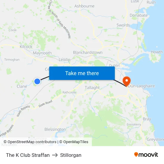 The K Club Straffan to Stillorgan map