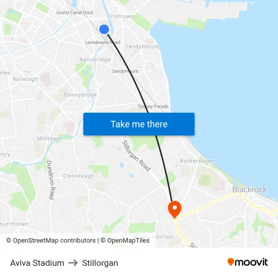 Aviva Stadium to Stillorgan map