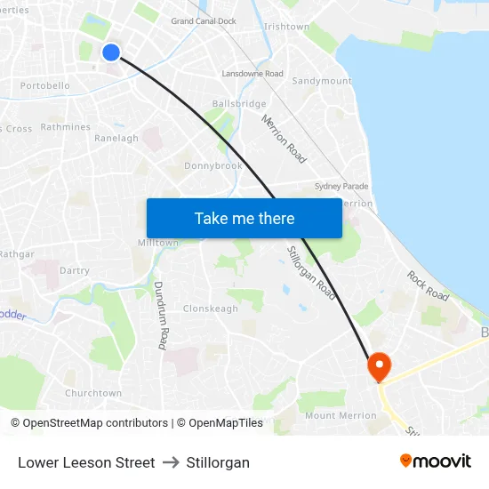 Lower Leeson Street to Stillorgan map