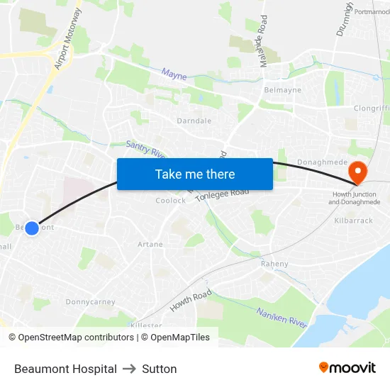 Beaumont Hospital to Sutton map