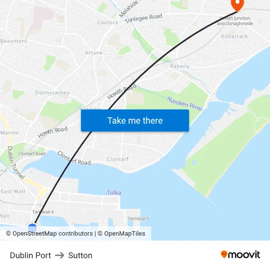 Dublin Port to Sutton map