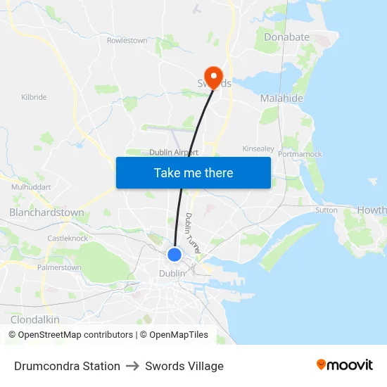 Drumcondra Station to Swords Village map