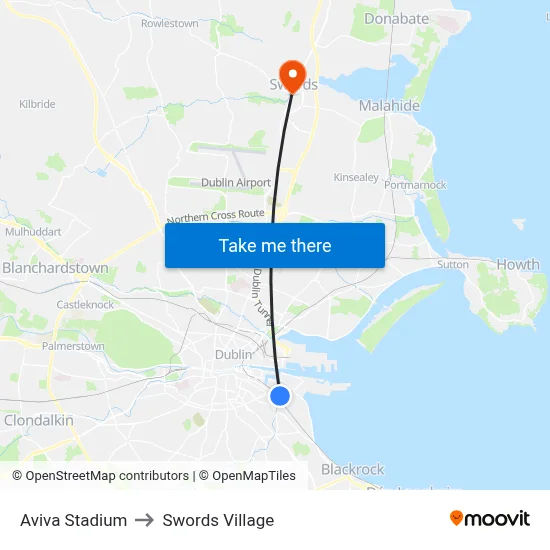 Aviva Stadium to Swords Village map