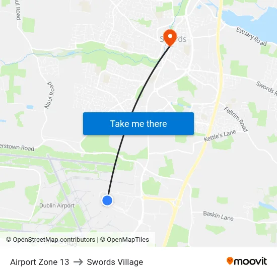 Airport Zone 13 to Swords Village map
