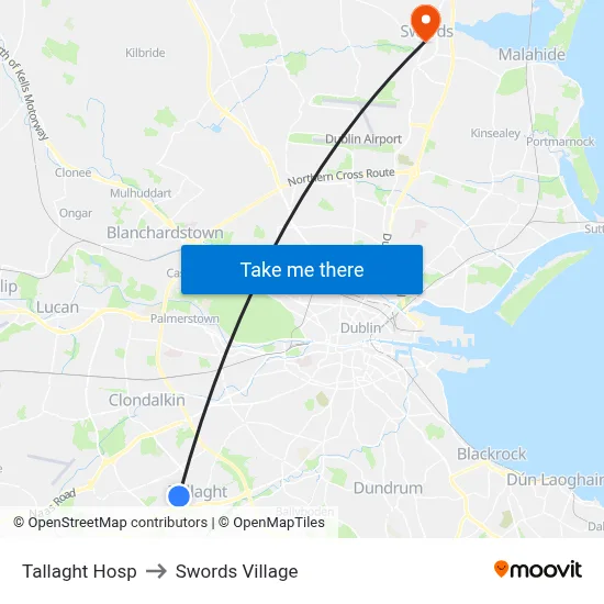 Tallaght Hosp to Swords Village map