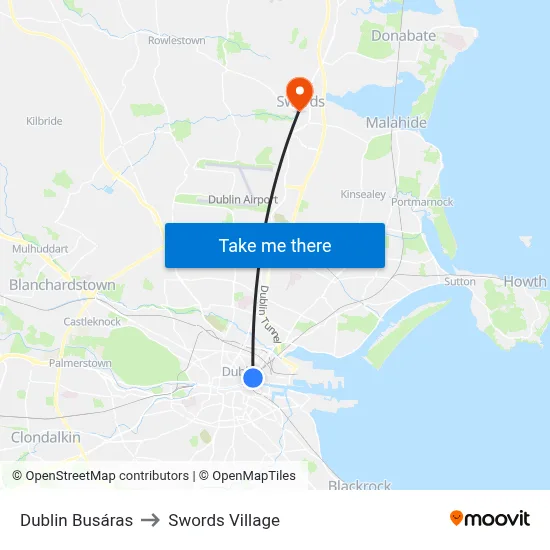 Dublin Busáras to Swords Village map