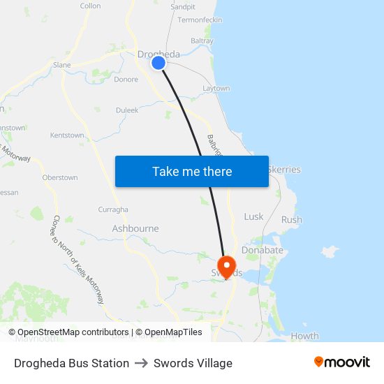 Drogheda Bus Station to Swords Village map