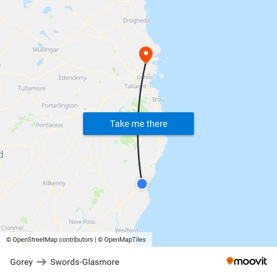 Gorey to Swords-Glasmore map