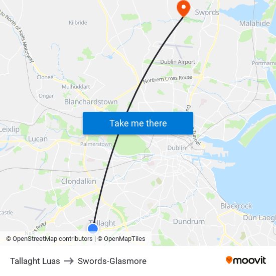 Tallaght Luas to Swords-Glasmore map