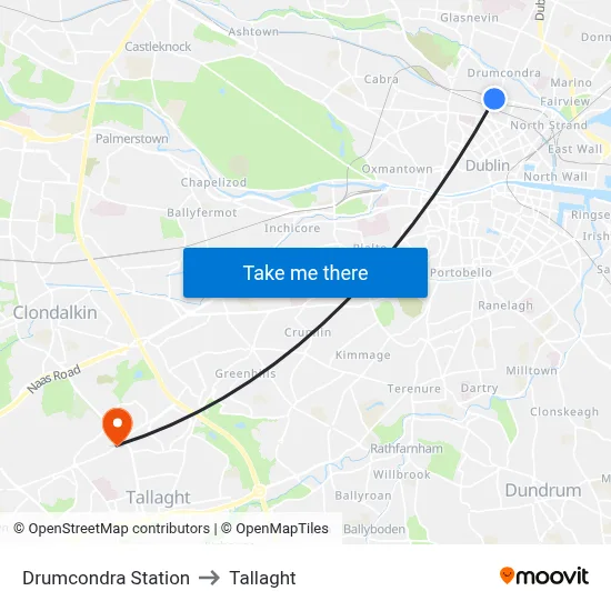 Drumcondra Station to Tallaght map