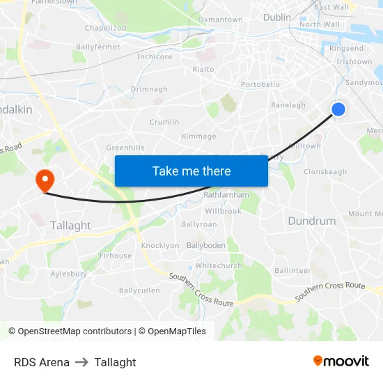 RDS Arena to Tallaght map