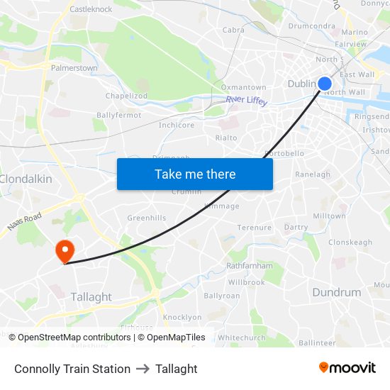 Connolly Train Station to Tallaght map