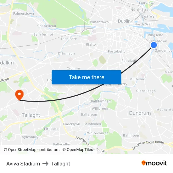 Aviva Stadium to Tallaght map