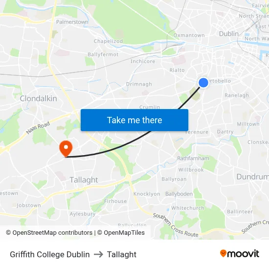 Griffith College Dublin to Tallaght map