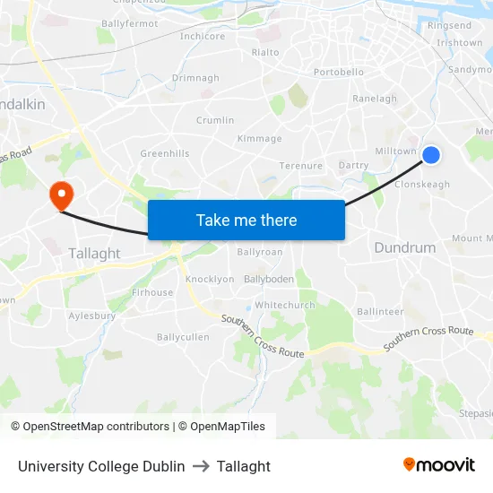 University College Dublin to Tallaght map