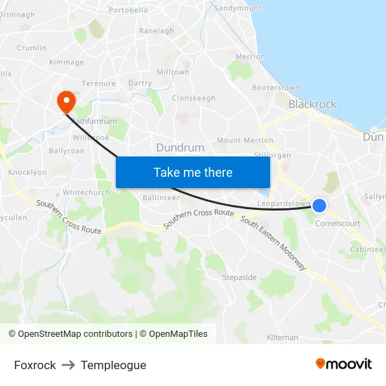 Foxrock to Templeogue map