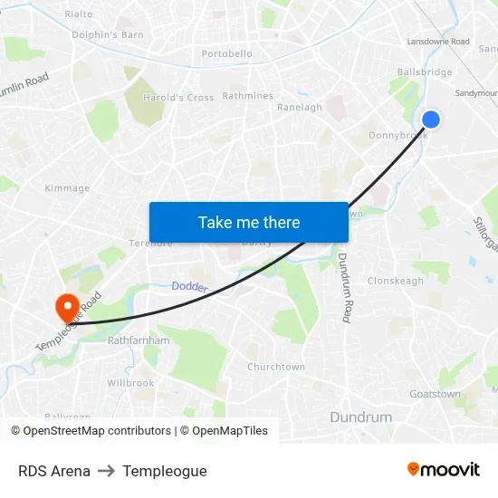 RDS Arena to Templeogue map