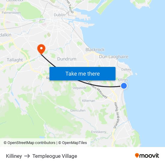 Killiney to Templeogue Village map