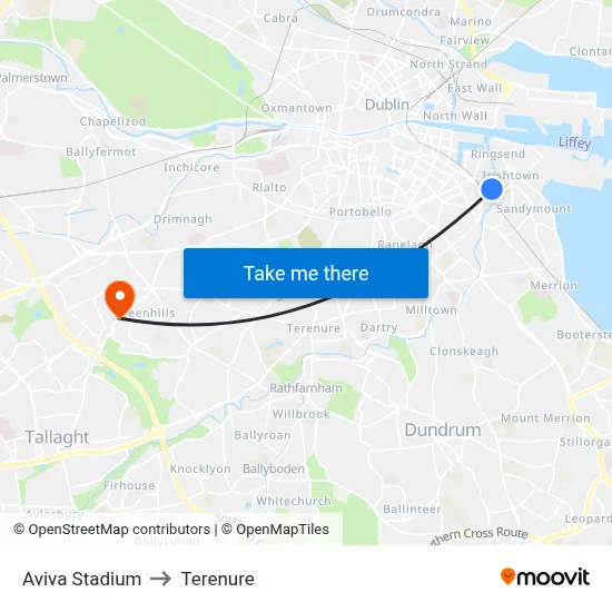 Aviva Stadium to Terenure map