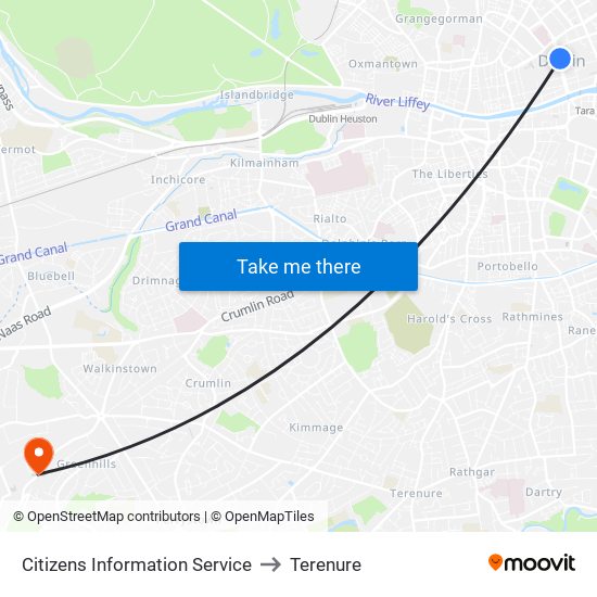 Citizens Information Service to Terenure map