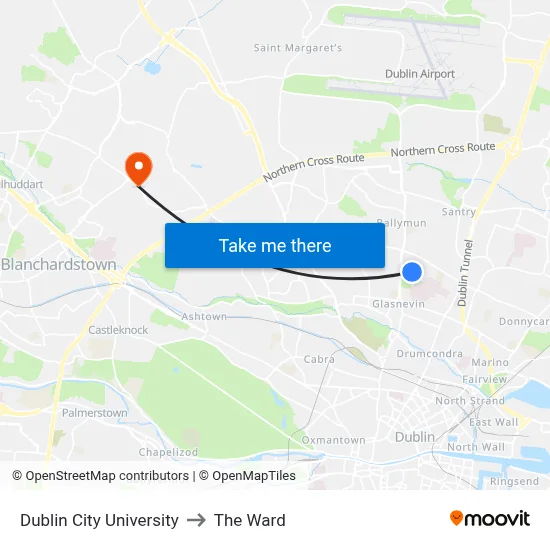 Dublin City University to The Ward map