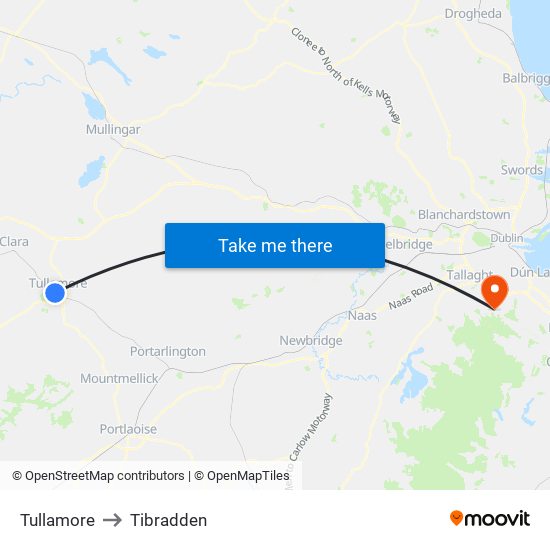 Tullamore to Tibradden map