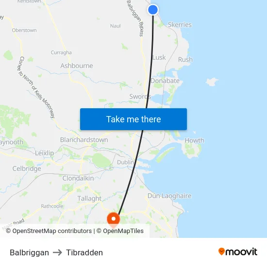 Balbriggan to Tibradden map