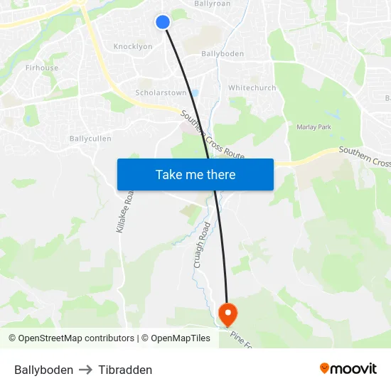 Ballyboden to Tibradden map