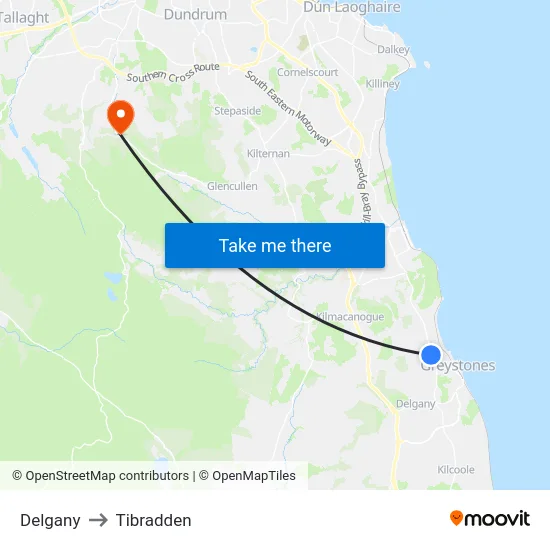 Delgany to Tibradden map