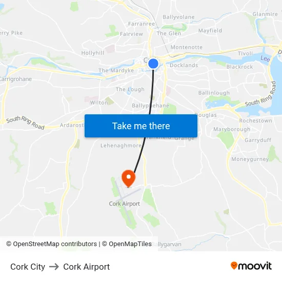 Cork City to Cork Airport map